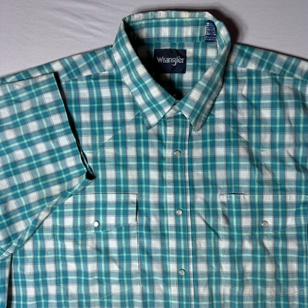 Wrangler Mens 2XL XXL Pearl Snap Shirt Short Sleeve Teal Green Plaid Pockets